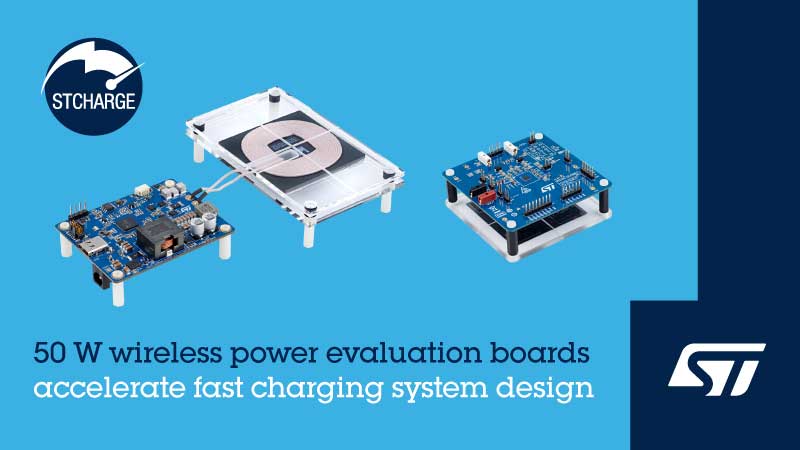 STMicroelectronics意法半导体推出50W、Qi兼容发射器和接收器组合，以加速医疗和工业设备、家用电器和计算机外围设备等大功率应用的无线充电开发。